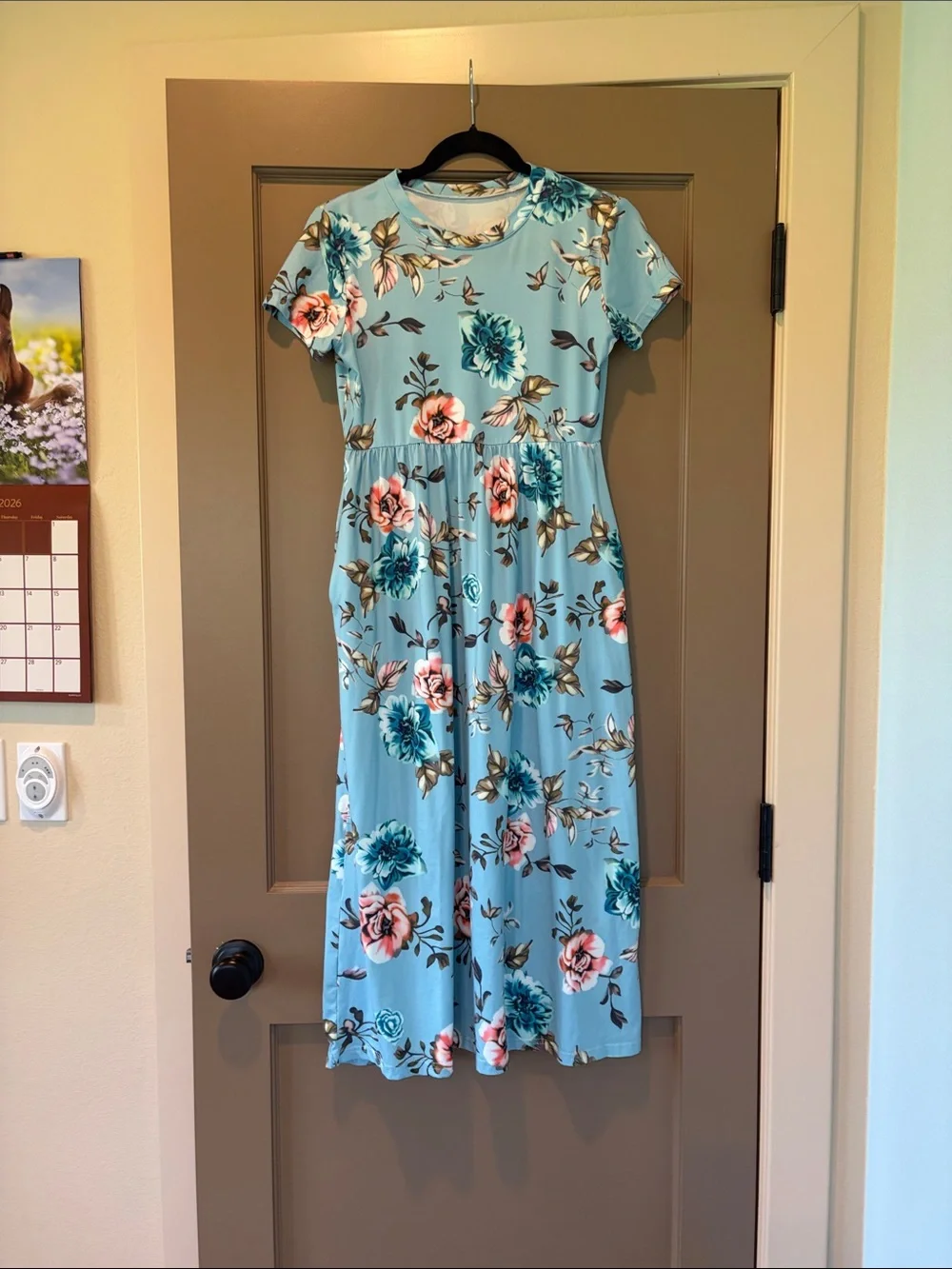 Blue Floral Short-Sleeve Maxi Dress